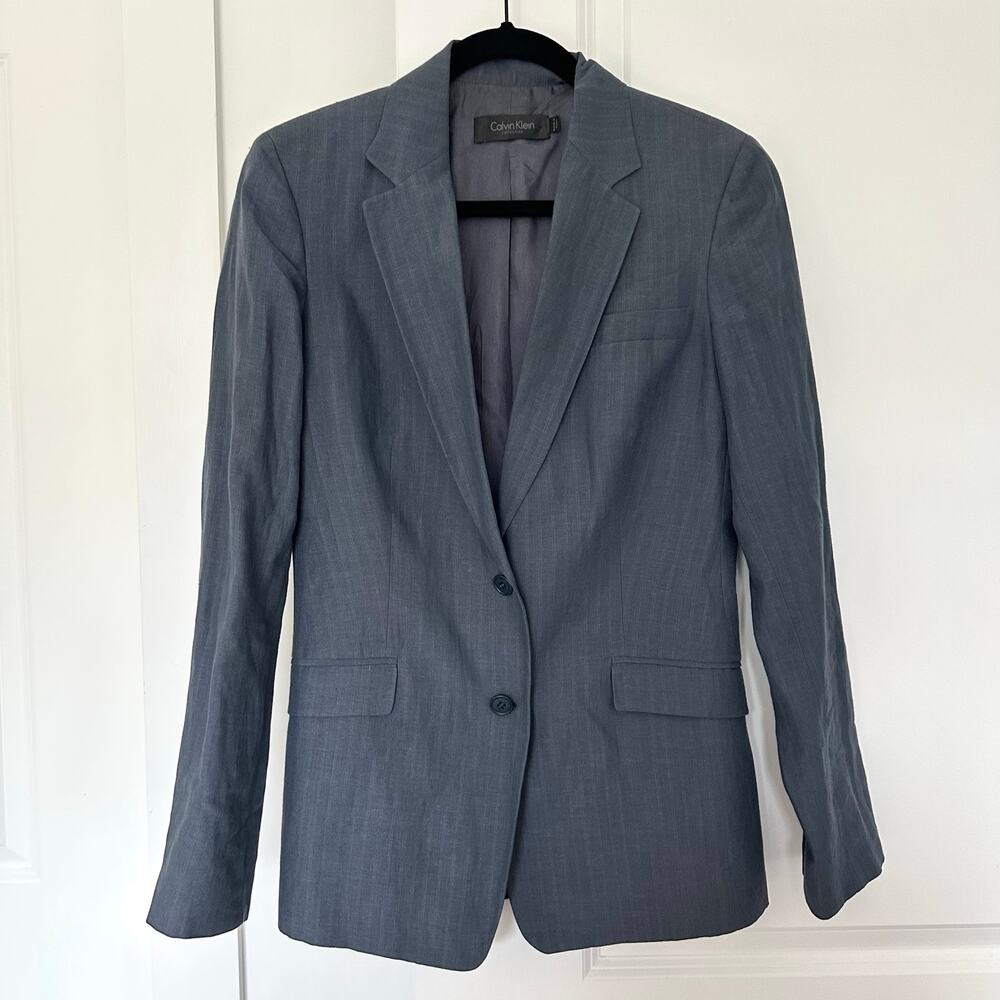 Calvin Klein Collection (8) Charcoal Gray Pinstripe Tailored Blazer Mohair Linen